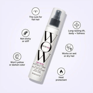 Hair spray bottle with features listed on a light purple background