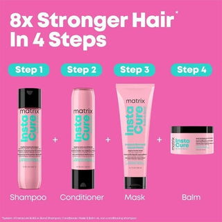 Matrix Insta Cure hair care product set with shampoo, conditioner, mask, and balm on a pink background.