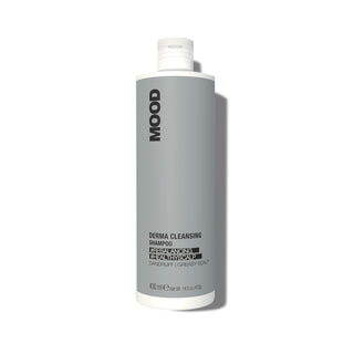 A bottle of MOOD Derma Cleansing Shampoo with a grey label on a white background.