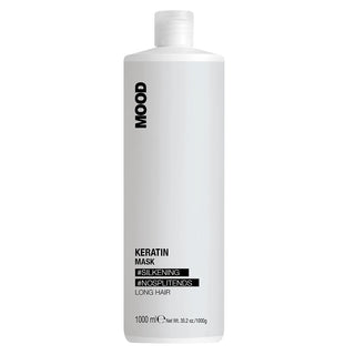 A white bootle of MOOD Keratin hair mask in 1 litre with black text and details.
