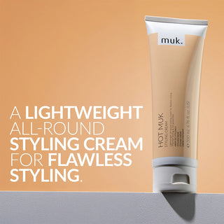 Tube of muk styling cream with text on a gradient background
