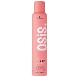 A can of SCHWARZKOPF Osis+ Grip Volume & Body Extra Strong Mousse 200ml with pink packaging.