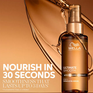 Wella Professionals Ultimate Smooth oil serum bottle with liquid pouring effect on a brown background