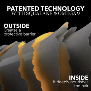 Close-up of hair strands with text about patented technology, squalane, and omega 9.