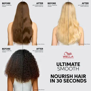 Before and after comparison of hair treatment with Wella on a white background