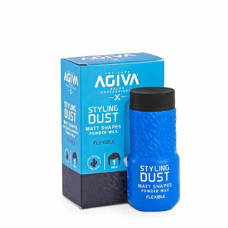 Blue styling dust product with black cap and packaging on a white background