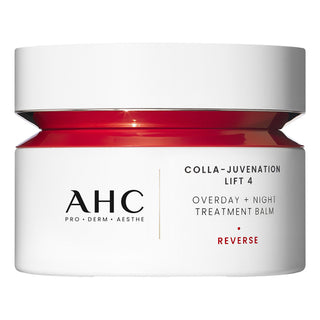 AHC Reverse Colla-Juvenation Lift 4 Overday + Night Treatment Balm in a white jar with a red band and black and red text, on a white background.