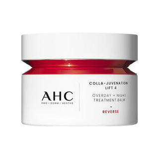 A jar of AHC Reverse Colla-Juvenation Lift 4 Overday + Night Treatment Balm, featuring a white lid and a white label with red accents, set against a plain white background.