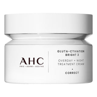 A white cosmetic jar of AHC Pro-Derm Aesthete Gluta-Ctivation Bright 3 Overday + Night Treatment Cream, shown against a plain white background.