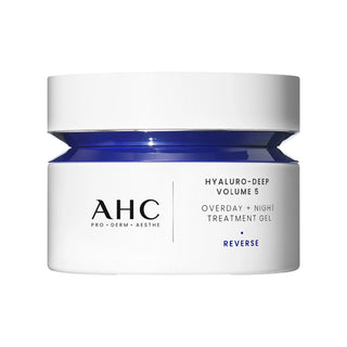 AHC Reverse Hyaluro-Deep Volume 5 Overday + Night Treatment Gel jar, featuring a white container with a dark blue inner band and blue text accents on a white background.