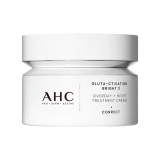 AHC Gluta-Ctivation Bright 3 Overday + Night Treatment Cream jar, featuring a clean white cylindrical container with black text on a solid white background.