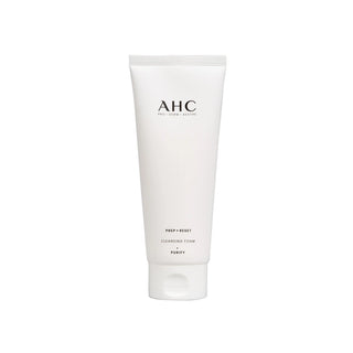 AHC Prep + Reset Cleansing Foam in a white squeeze tube with black text, centered on a plain white background.