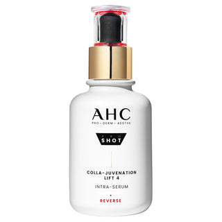 AHC Shot Colla-Juvenation Lift 4 Intra-Serum in a white bottle with a gold pump collar and a red accent on the dispenser, shown against a plain white background.