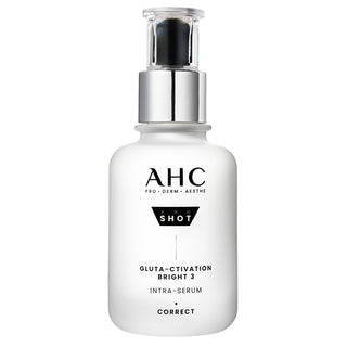 AHC Pro-Derm Aesthete 'The Shot' Gluta-Citivation Bright 3 Intra-Serum in a white pump bottle with a silver collar and black text.