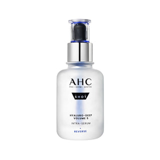 AHC Shot Hyaluro-Deep Volume 5 Intra-Serum in a frosted white bottle with a silver pump and blue accents, on a white background.