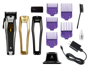 Andis hair trimmer set with attachments and accessories on a white background
