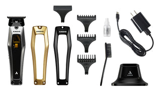 Andis hair trimmer set with attachments and charging cable on a white background