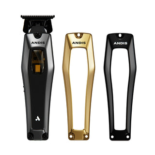 Three Andis hair clippers in black, gold, and silver on a white background