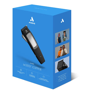 Blue box packaging of ANDIS inCRED Clipper with product illustration and features on a white background