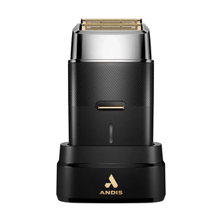 Black electric shaver with gold accents on a white background, featuring the Andis logo.
