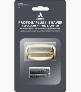 Andis Profoil Plus II Shaver replacement foil and cutter packaging on a gray background