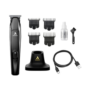Andis hair trimmer set with attachments and accessories on a white background