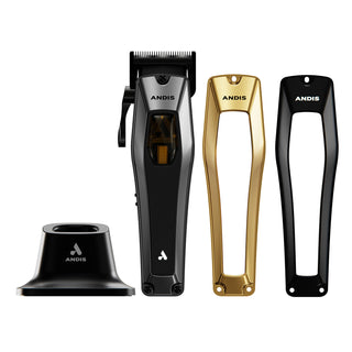 Set of Andis hair clippers and exchangeable clipper covers on a white background