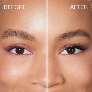 Before and after comparison of a woman's eye with makeup application.