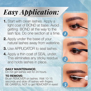 Instructions for applying false eyelashes with step-by-step images and text.