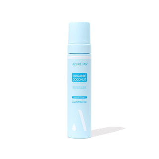 Blue bottle labeled 'Azure Tan Organic Coconut' on a white background