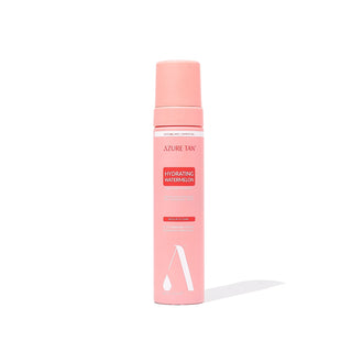 Pink bottle of Azure Tan Hydrating Watermelon product on a white background