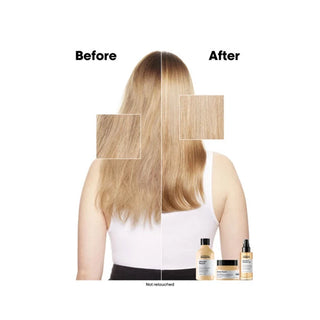 Before and after comparison of hair treatment with product bottles displayed.