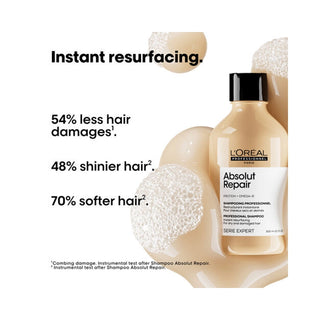 L'Oreal Absolut Repair shampoo bottle with text highlighting hair benefits on a white background