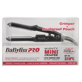 BaByliss Pro Mighty Mini crimper with heatproof pouch packaging on a white background