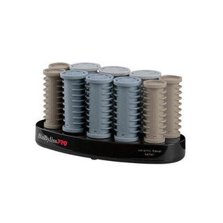 Set of hair rollers on a black stand with BaBylissPro branding on a white background