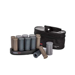 Set of hair rollers with a carrying case on a white background