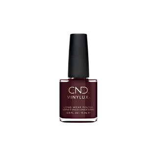 CND Vinylux Long Wear Nail Polish in a deep burgundy shade, shown in a 0.5 fl oz glass bottle with a black cap on a white background.