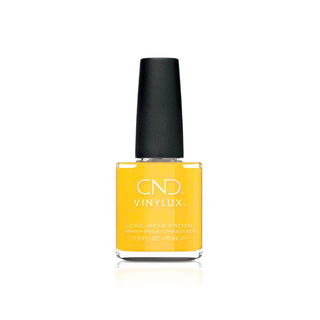 A bottle of CND Vinylux nail polish in a bright yellow shade with fine gold shimmer, featuring a black cap and clear glass bottle, set against a plain white background with a subtle reflection.