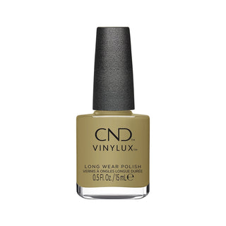 CND Vinylux Long Wear Nail Polish in a square glass bottle with a black cap, showing a light khaki-beige polish color on a white background.