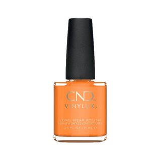 A bottle of CND Vinylux long wear nail polish in a bright orange shade, featuring a black cap and clear glass bottle on a white background.