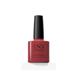 CND Shellac gel nail polish in a square bottle with a black cap, showing the deep berry red shade on a white background.