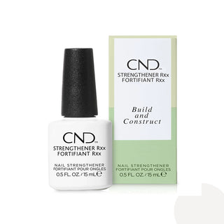 CND Strengthener Rxx nail fortifier in a white bottle with a black cap, shown next to its light green and white packaging box on a white background.