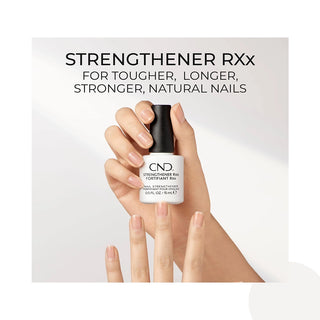 A hand holding a bottle of CND Strengthener RXx nail hardener, with another hand showing natural nails underneath. The image includes text at the top reading 'STRENGTHENER RXx FOR TOUGHER, LONGER, STRONGER, NATURAL NAILS' on a clean white background.