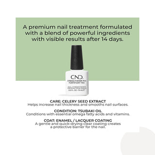 Nail treatment bottle centered on a white background with a pale green text panel above and product details below. The bottle is white with a black cap and black printed label text reading CND Strengthening Nail Forenhant 941.