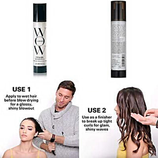 Hair product advertisement with two bottles and people using hair spray on hair.