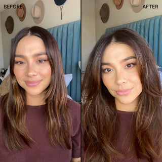 Before and after comparison of a woman with long brown hair, wearing a maroon shirt, in a room with a blue couch and decorative items on the wall.