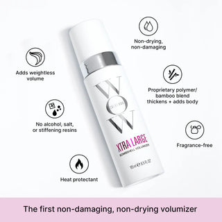 Bottle of Xtra Large volumizer with features listed on a white background