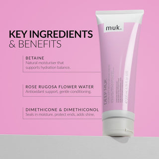 Muk Deep Nourish hair product with key ingredients and benefits on a pink background