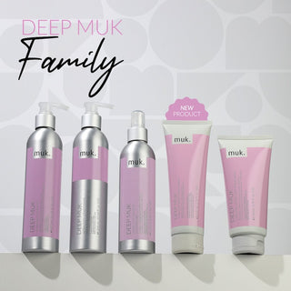 Muk hair care products including bottles and tubes on a light background with 'Deep Muk' branding.