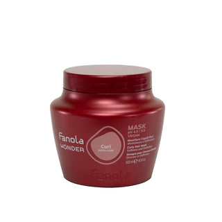 Red jar with 'Fanola' branding on a white background witht the words hair mask 